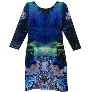 Gorgeous Betsy Johnson Dress! Keyhole Back 3/4 Sleeve. Floral & Geo Print. Sz. 8